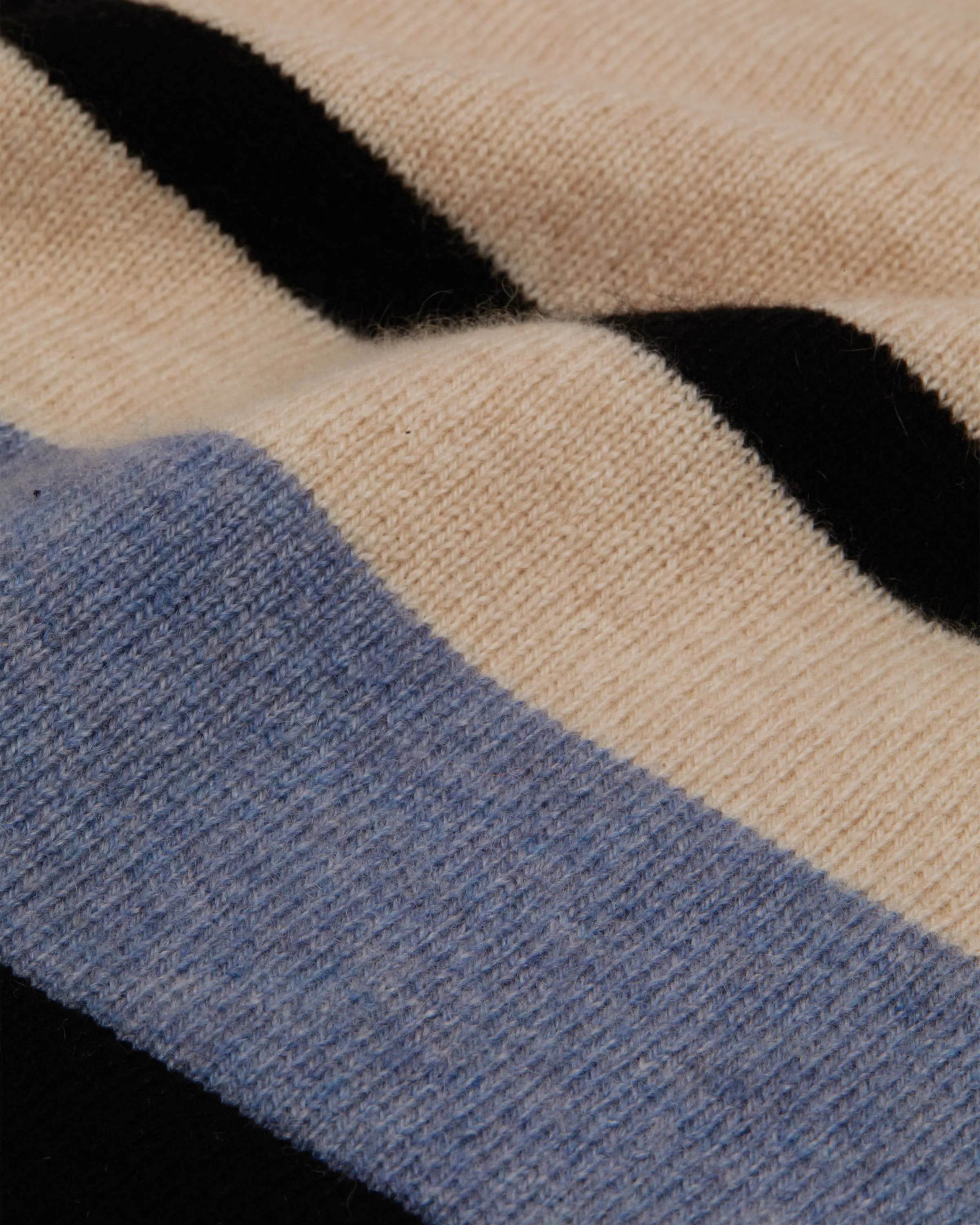 Islay Asymmetric Striped Pure Cashmere Poncho - Wheat/Black/Blue