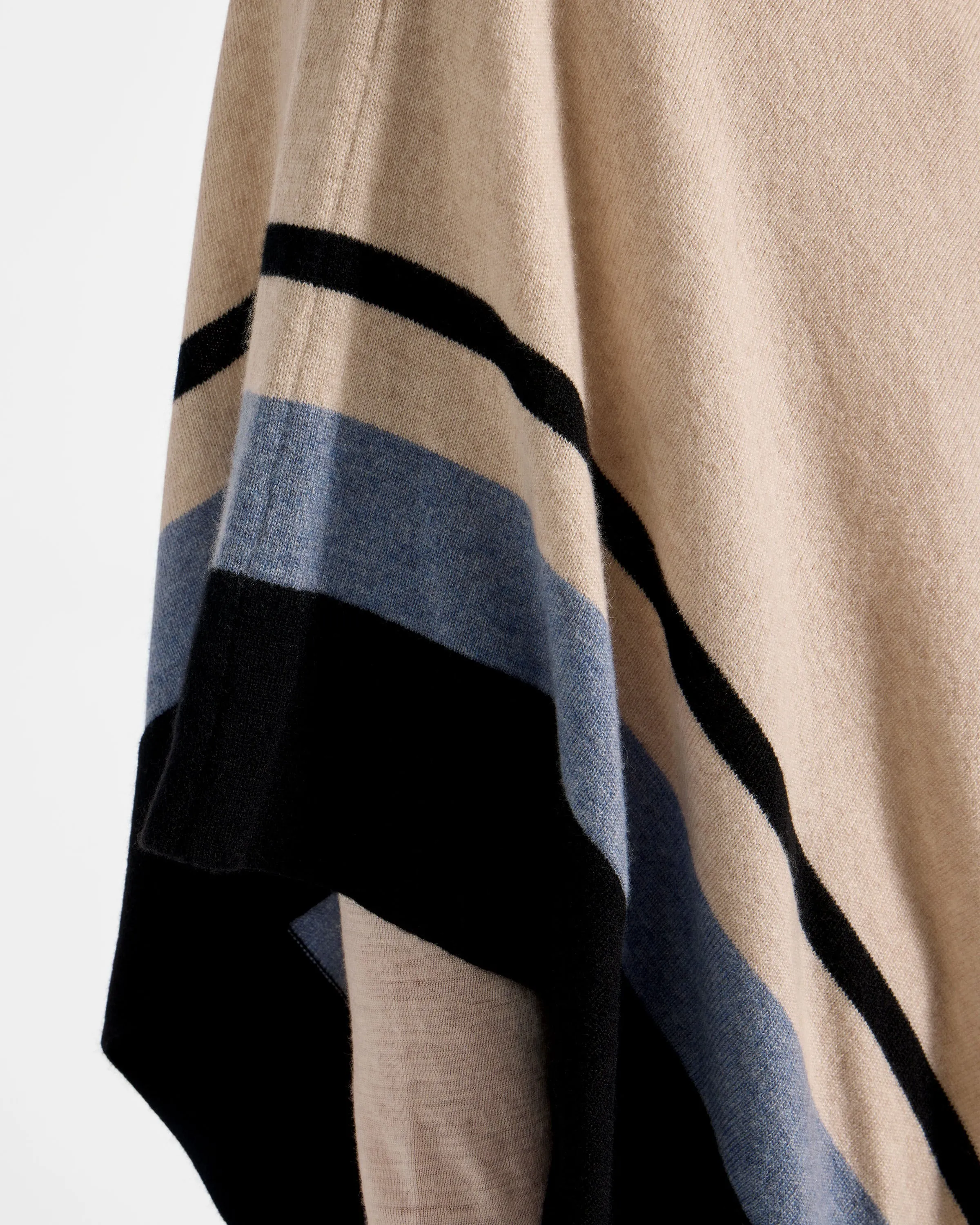 Islay Asymmetric Striped Pure Cashmere Poncho - Wheat/Black/Blue