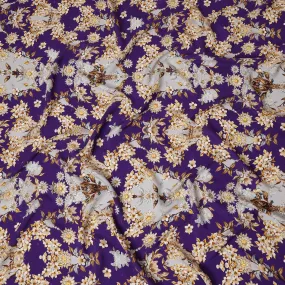 Italian Silk Satin Fabric with Elegant Floral Design on Deep Purple and Cream Background – 150 cm Width-D20333