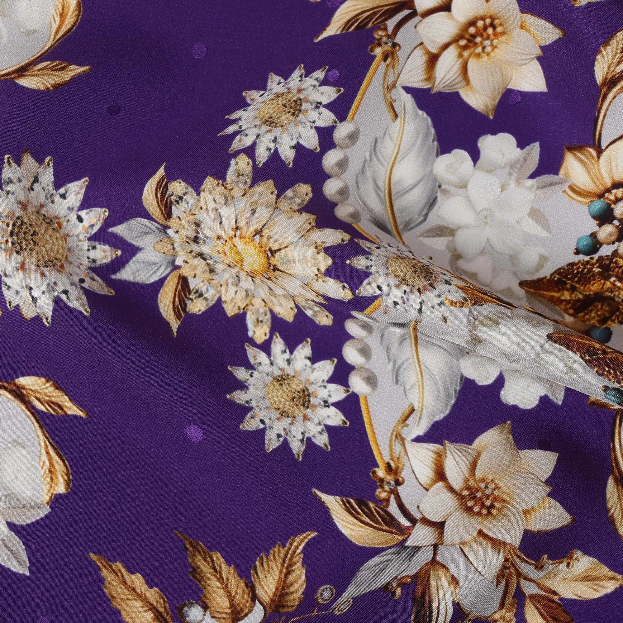 Italian Silk Satin Fabric with Elegant Floral Design on Deep Purple and Cream Background – 150 cm Width-D20333