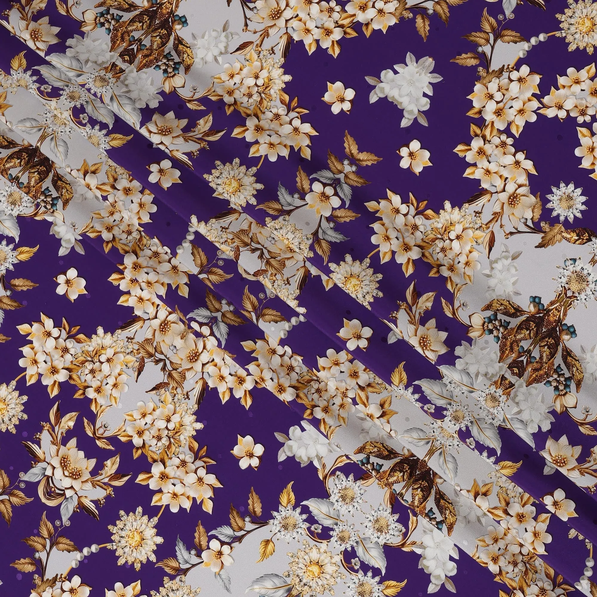 Italian Silk Satin Fabric with Elegant Floral Design on Deep Purple and Cream Background – 150 cm Width-D20333