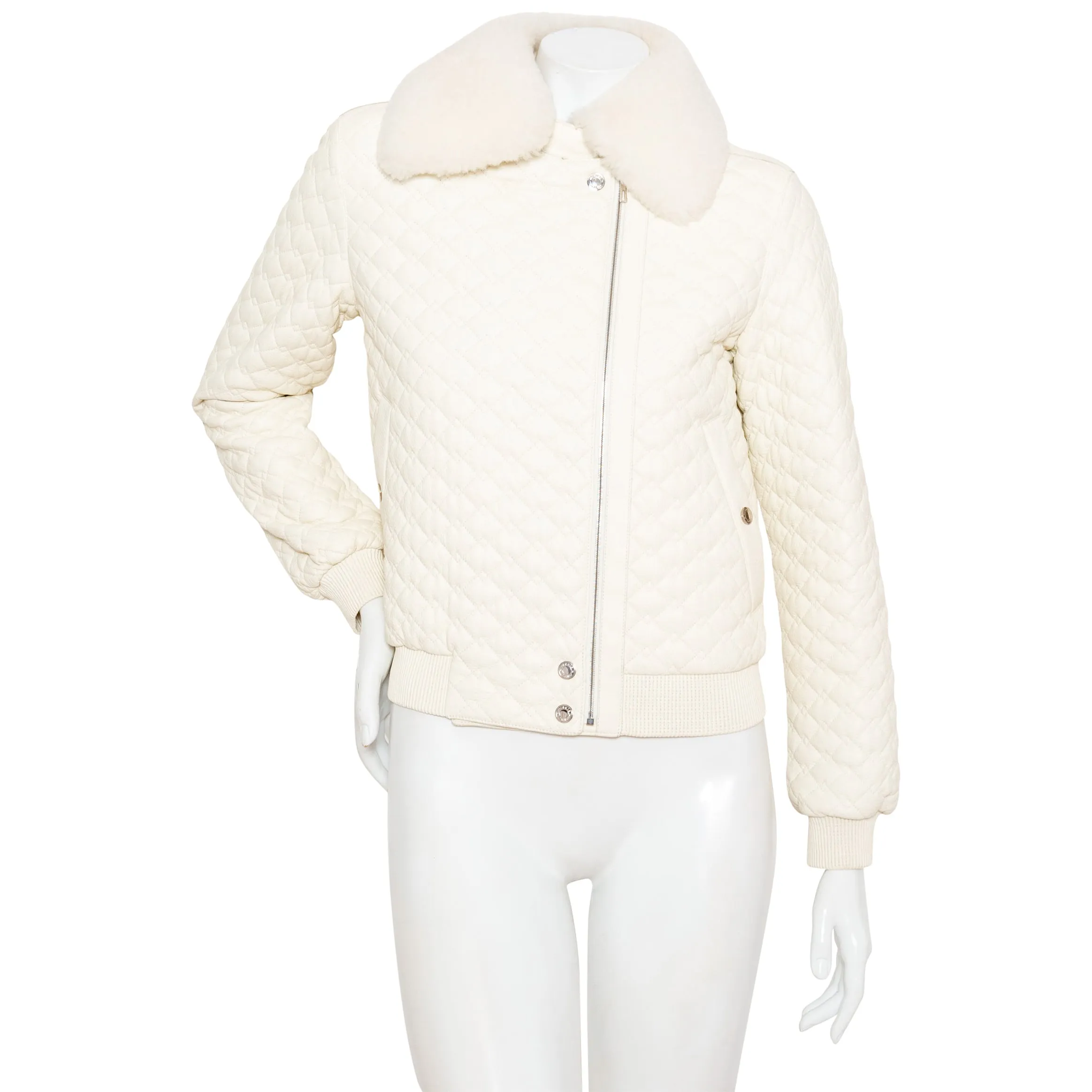 Ivory Quilted Leather and Shearling Jacket