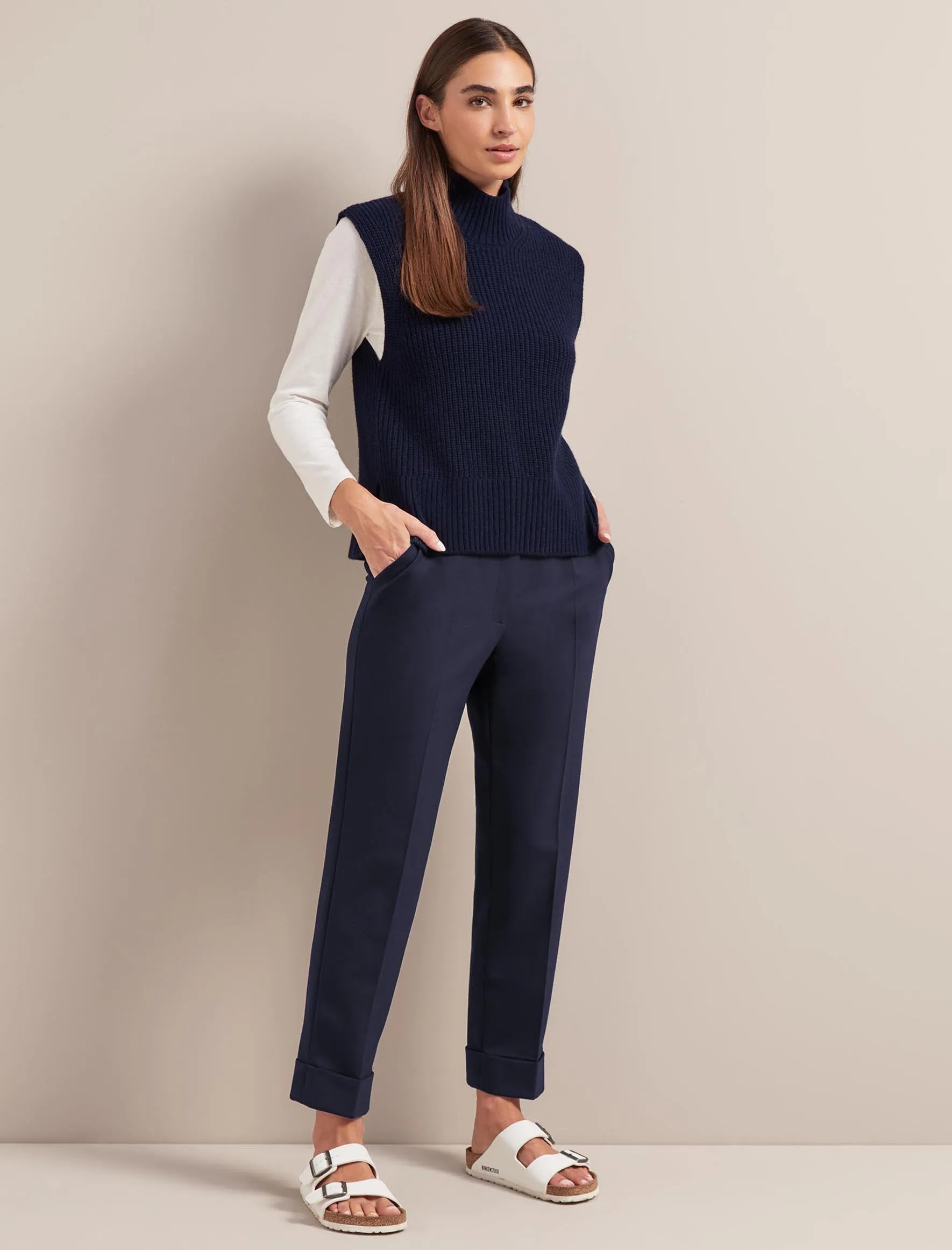 Janie Cashmere Blend Funnel Neck Sleeveless Jumper - Navy