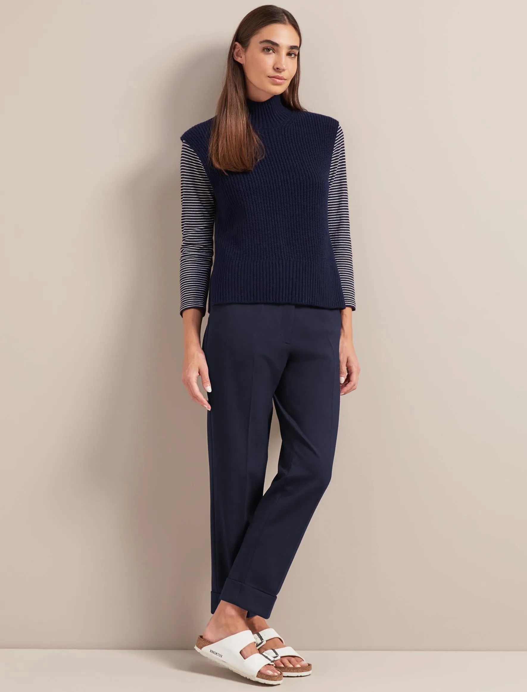 Janie Cashmere Blend Funnel Neck Sleeveless Jumper - Navy