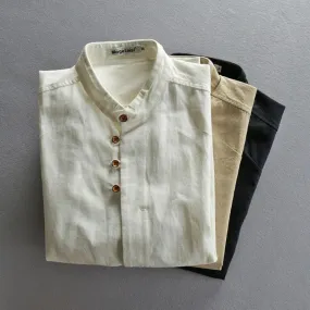 Japanese-Inspired Effortlessly Stylish Slim Fit Stand Collar Cotton Linen Shirt for Men