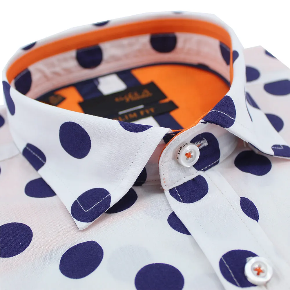 Jet Blue Polka Dot Short Sleeve Shirt with Orange Trim