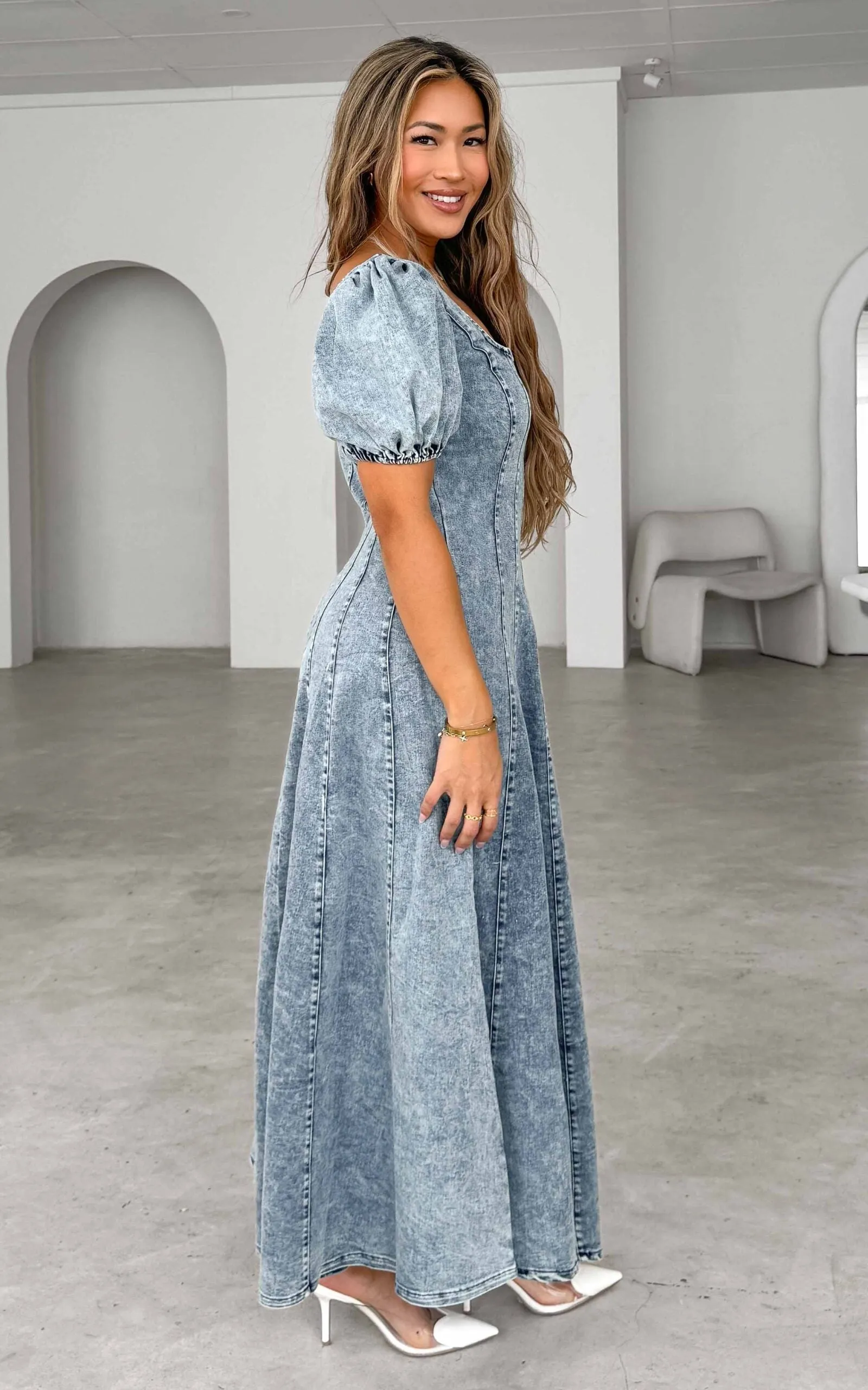 Kartford Puff Sleeve Denim Maxi Dress - Blue