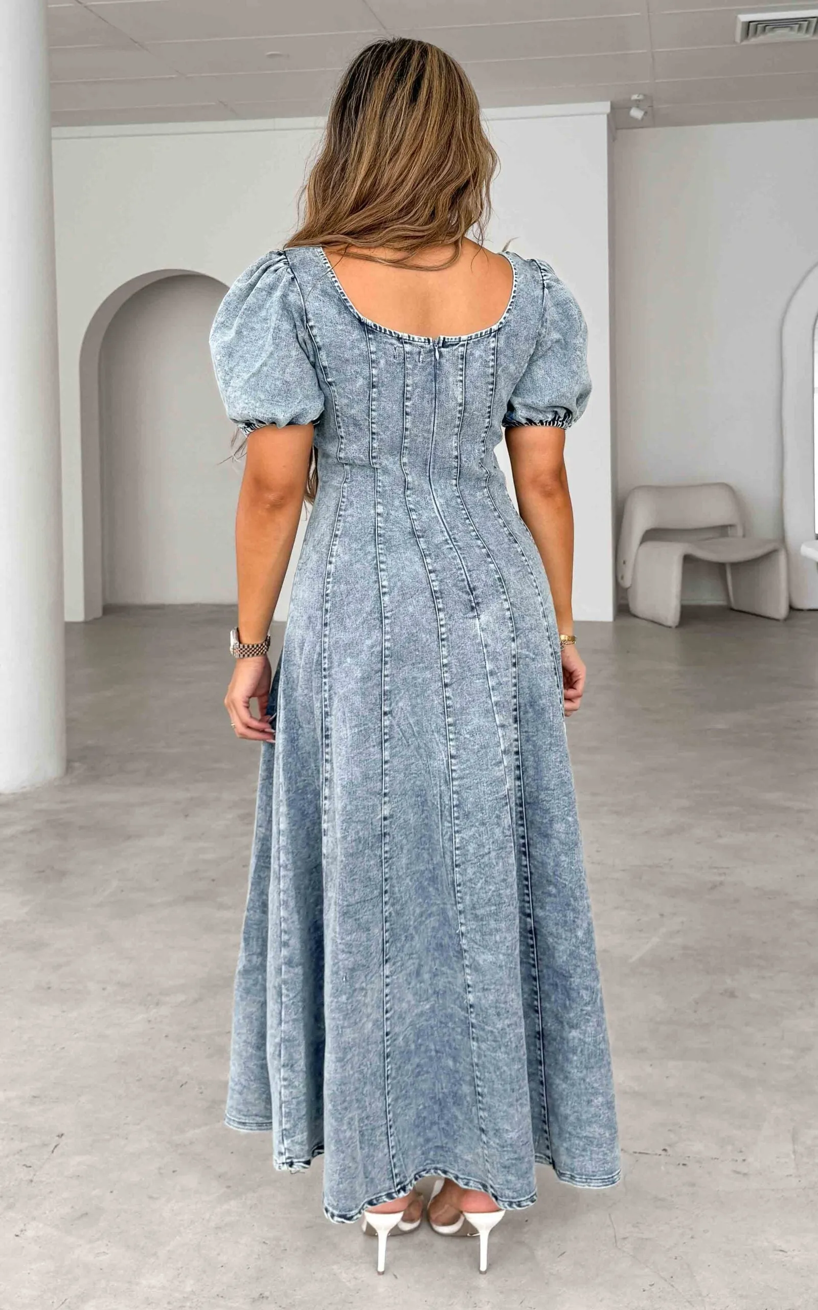 Kartford Puff Sleeve Denim Maxi Dress - Blue