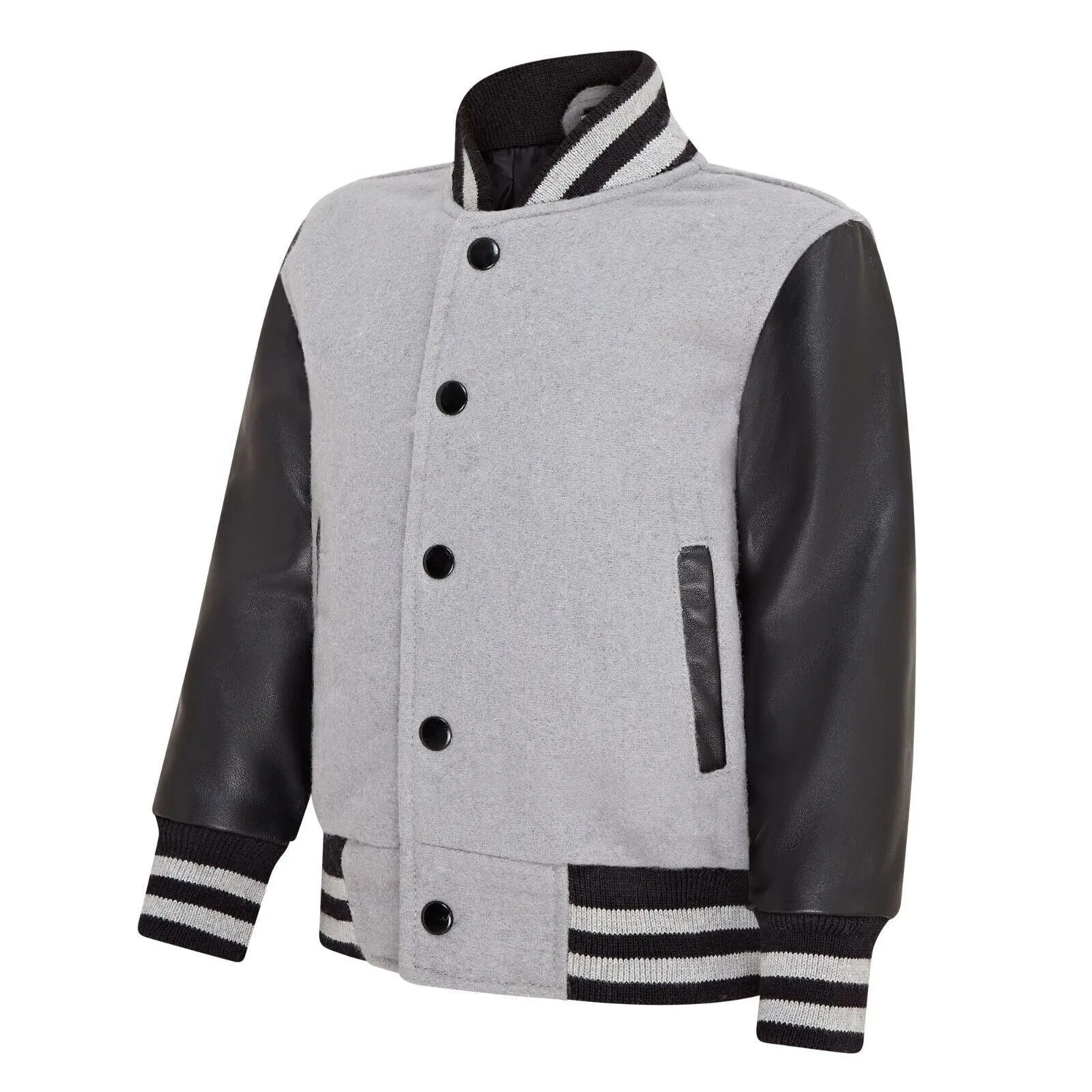 Kids Grey Black Varsity Bomber Jacket Wool Body Real Leather Sleeves