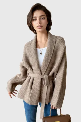 Knitted Cardigan with Belt - Brown