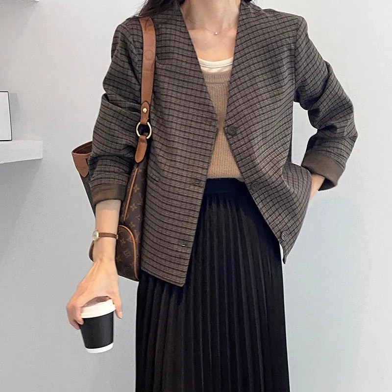 [Korean Style] High Quality Single Breasted Cropped Collarless Plaid Blazer