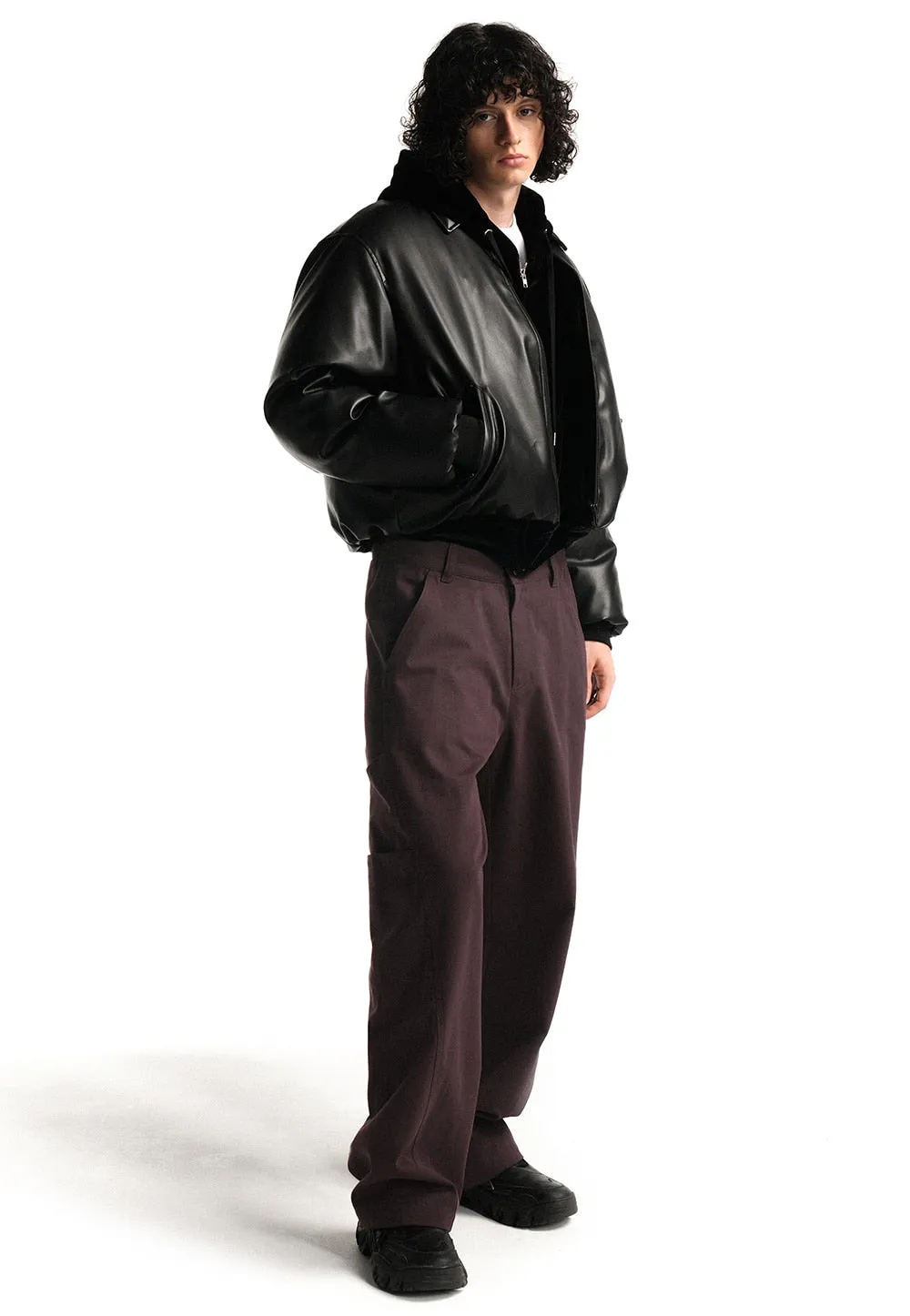 Leather padding bomber jacket black