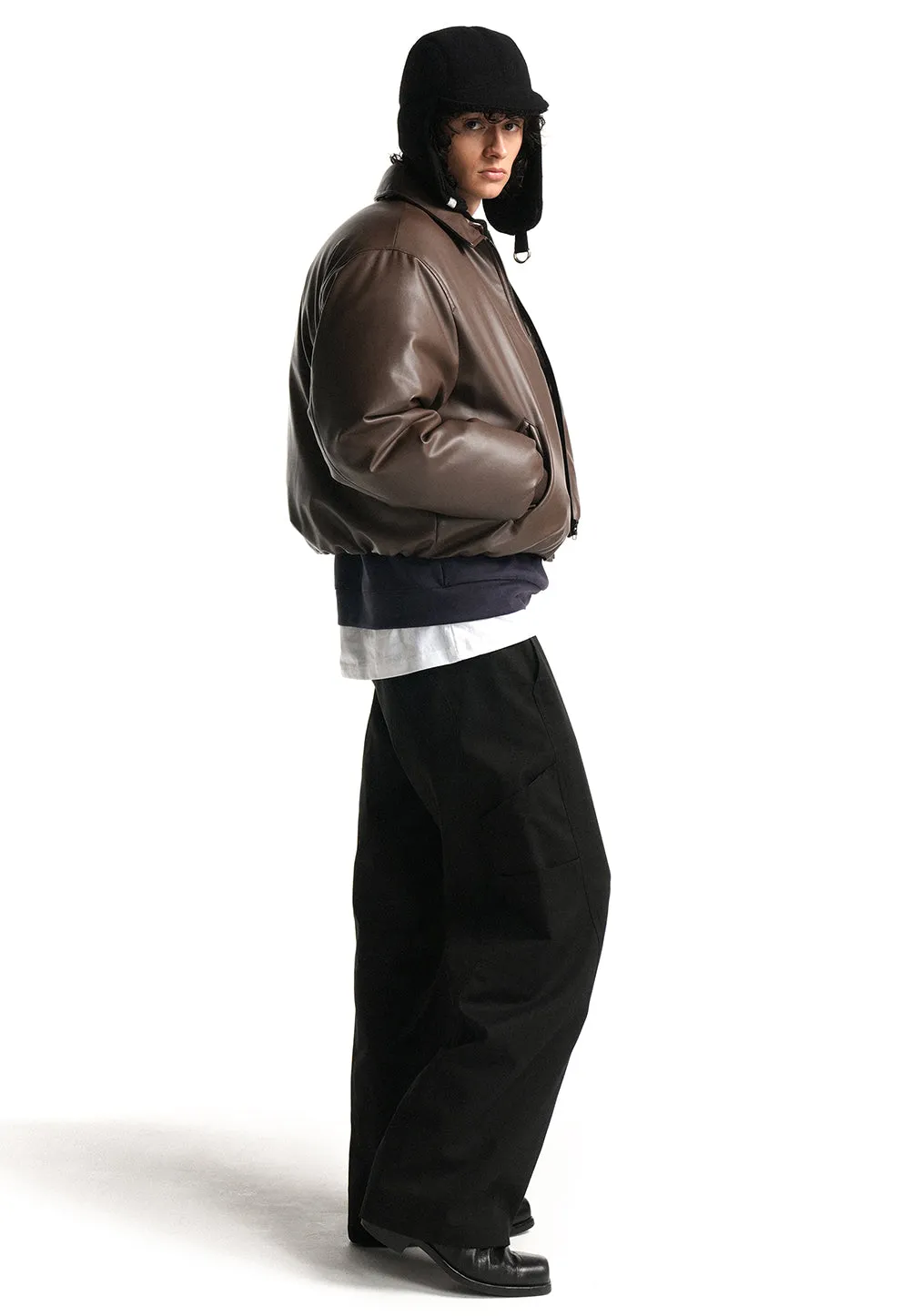 Leather padding bomber jacket brown