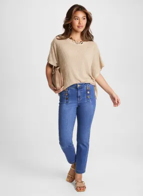 Linen Knit Poncho & Button-Trim Straight Leg Jeans