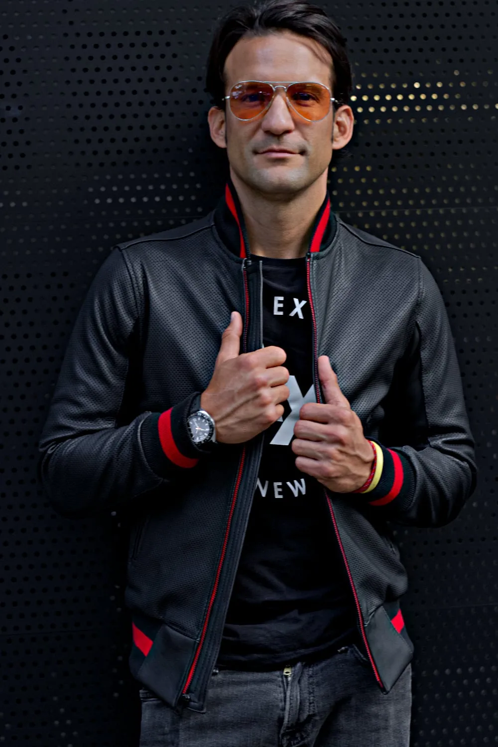 LUXUS II Bomber Jacket in Perforated Leather Black - Red Stripe