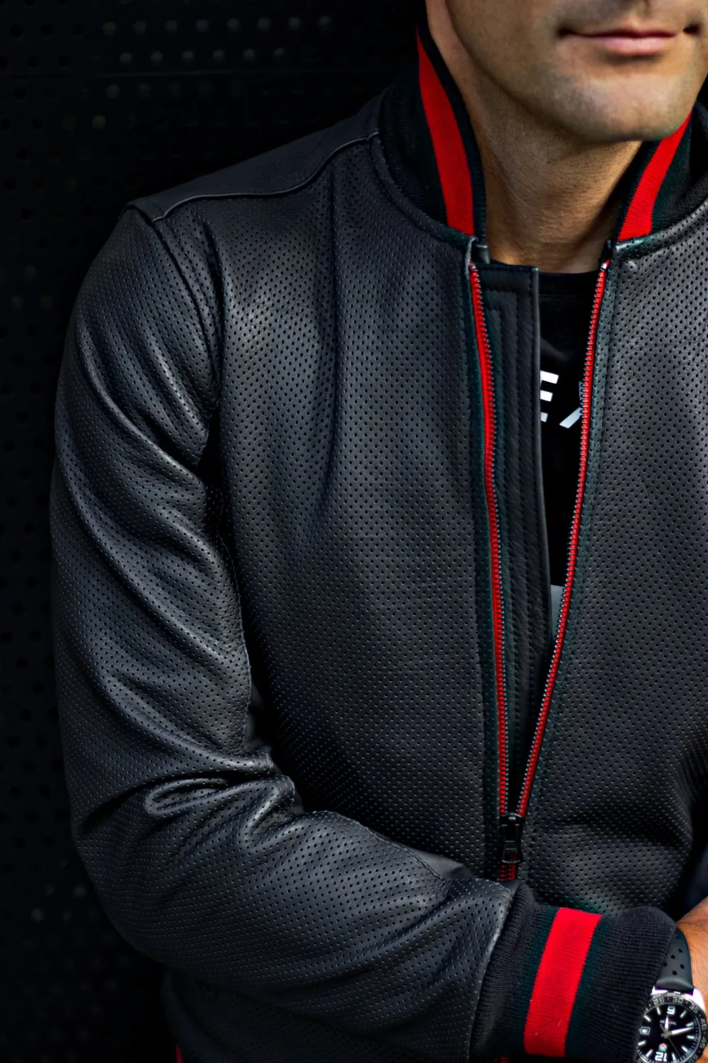 LUXUS II Bomber Jacket in Perforated Leather Black - Red Stripe