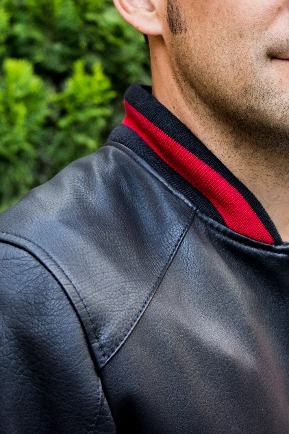 LUXUS P. Bomber Varsity Jacket in Black Leather - Red Stripe