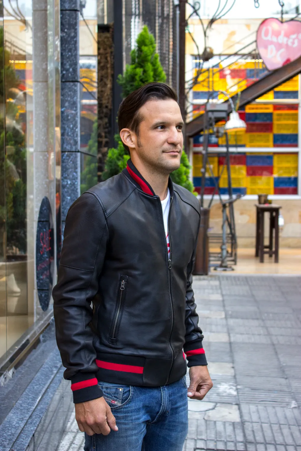 LUXUS P. Bomber Varsity Jacket in Black Leather - Red Stripe