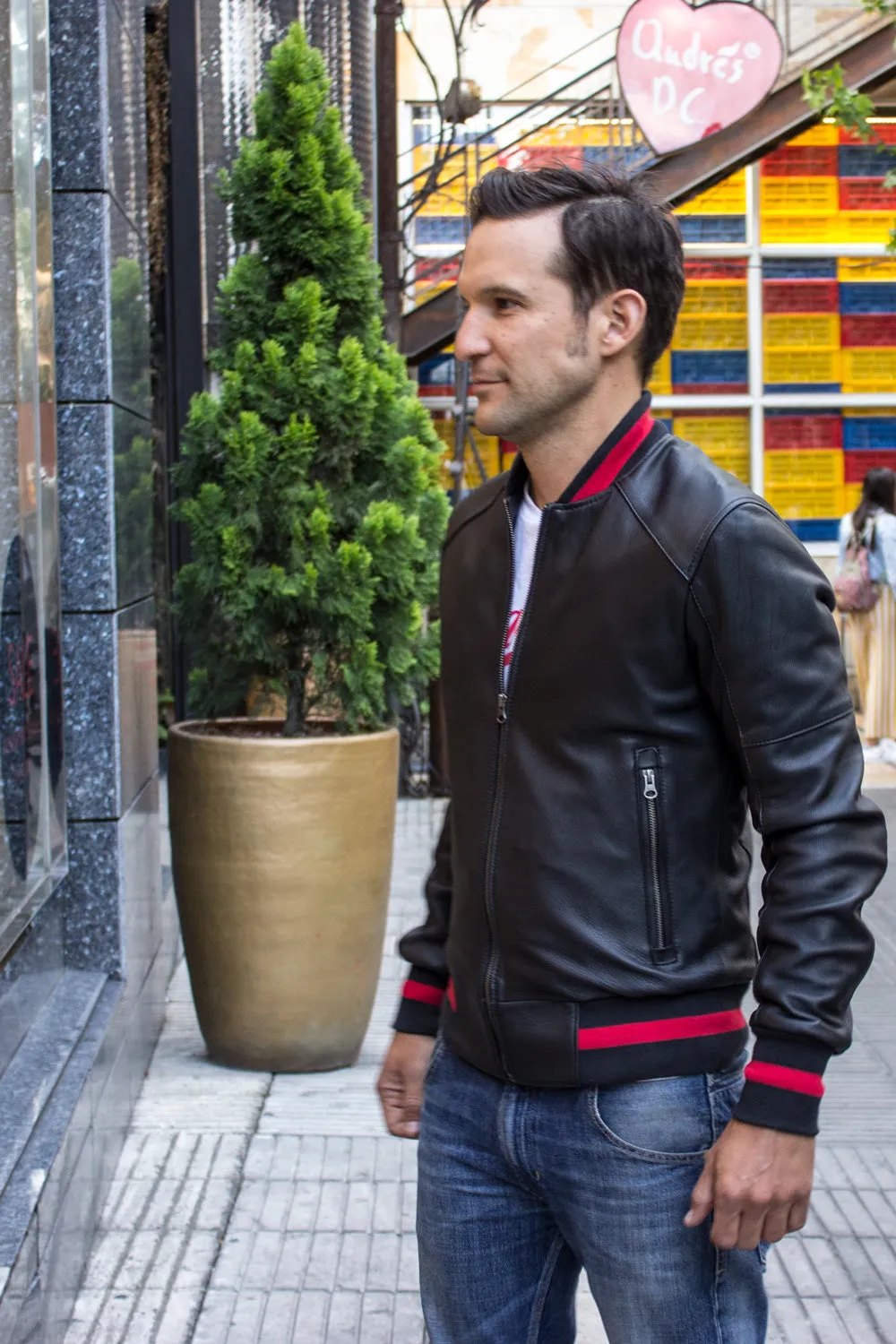 LUXUS P. Bomber Varsity Jacket in Black Leather - Red Stripe