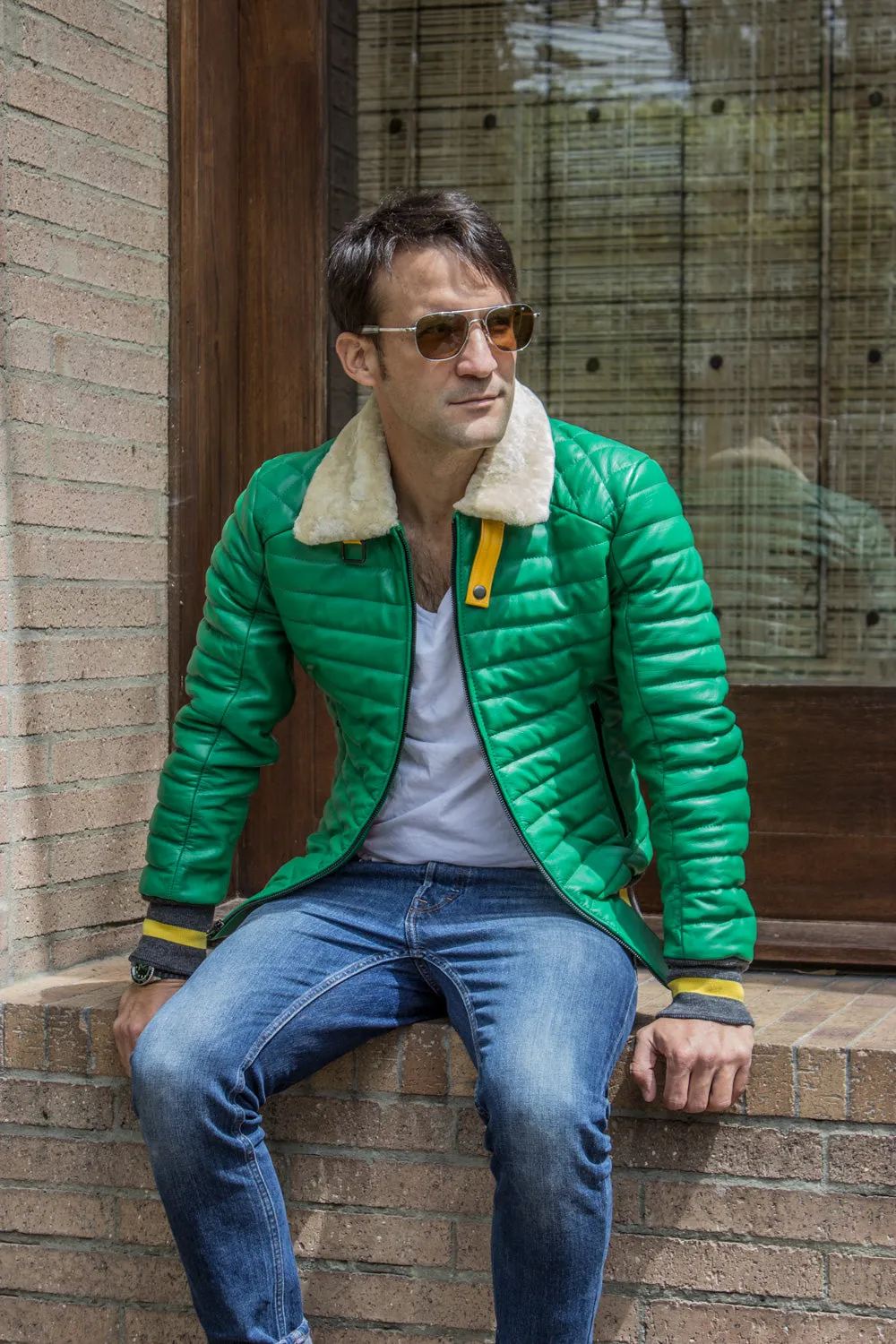 MAR Leather Jacket Shearling  Quilted in Summer Green