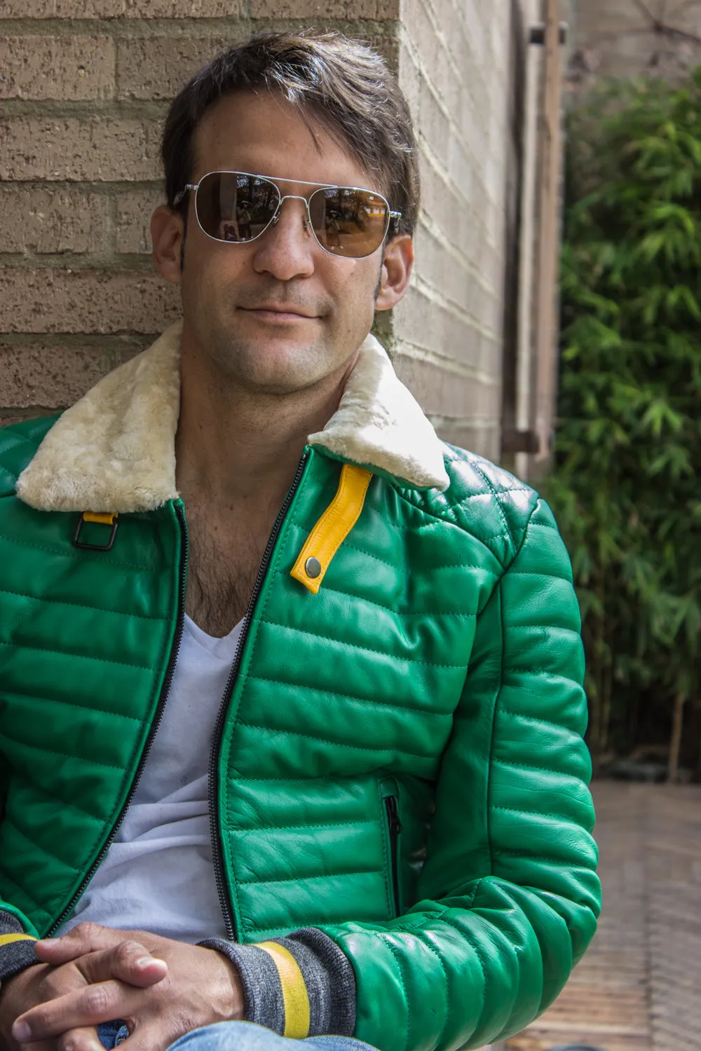 MAR Leather Jacket Shearling  Quilted in Summer Green