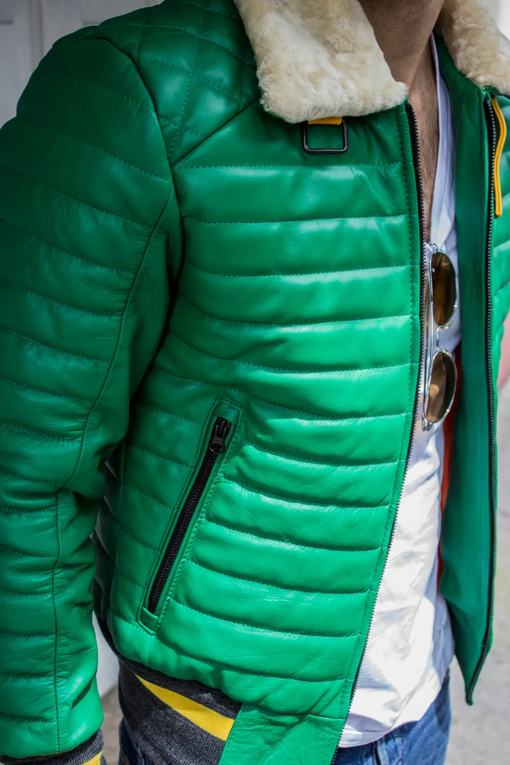 MAR Leather Jacket Shearling  Quilted in Summer Green