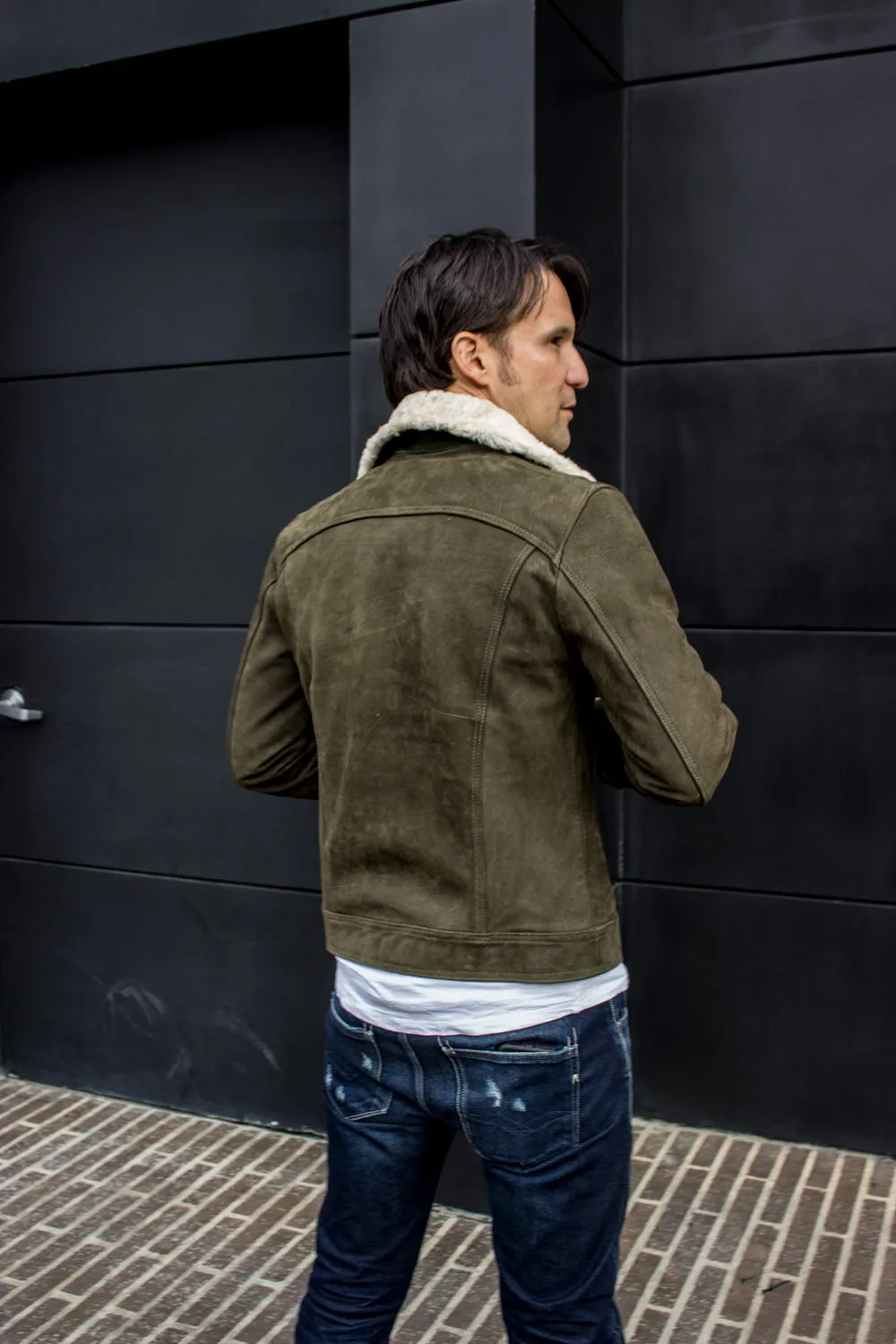 MC DAVE AX Trucker Jacket Shearling Collar in Nubuck Suede - Olive Green  -