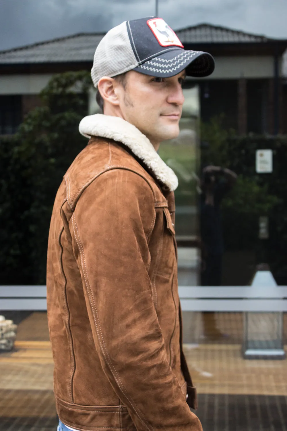 MCDAVE AX Trucker Jacket Shearling Collar in Nubuck Suede - Mocha  -