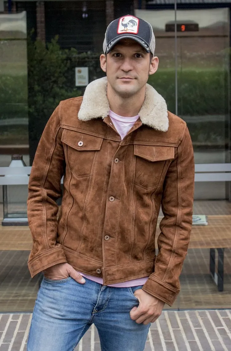 MCDAVE AX Trucker Jacket Shearling Collar in Nubuck Suede - Mocha  -