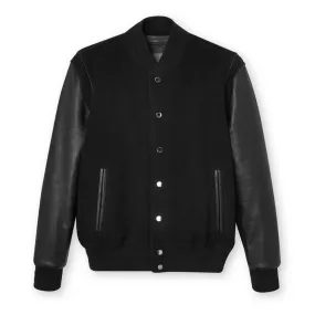 Men's Black Varsity Leather-Wool Bomber Jacket