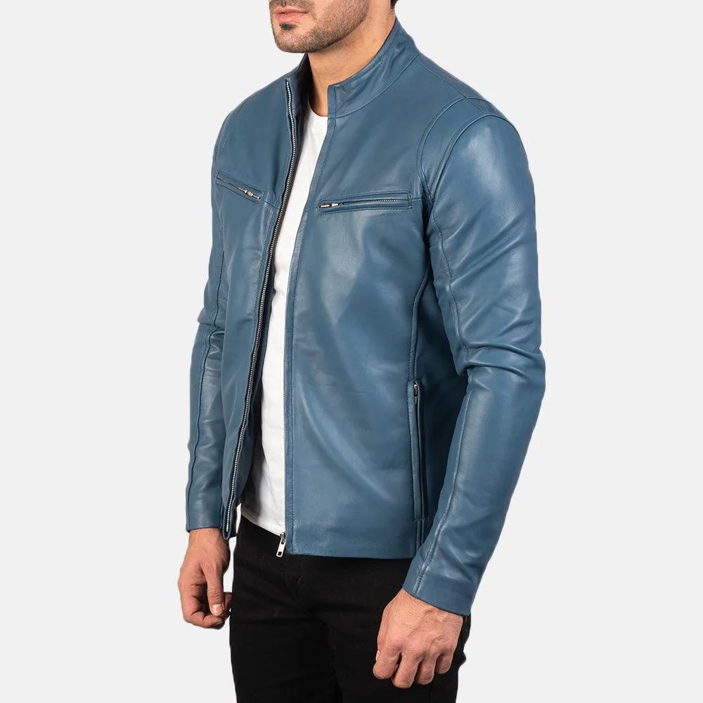 Mens Ionic Blue Leather Biker Jacket