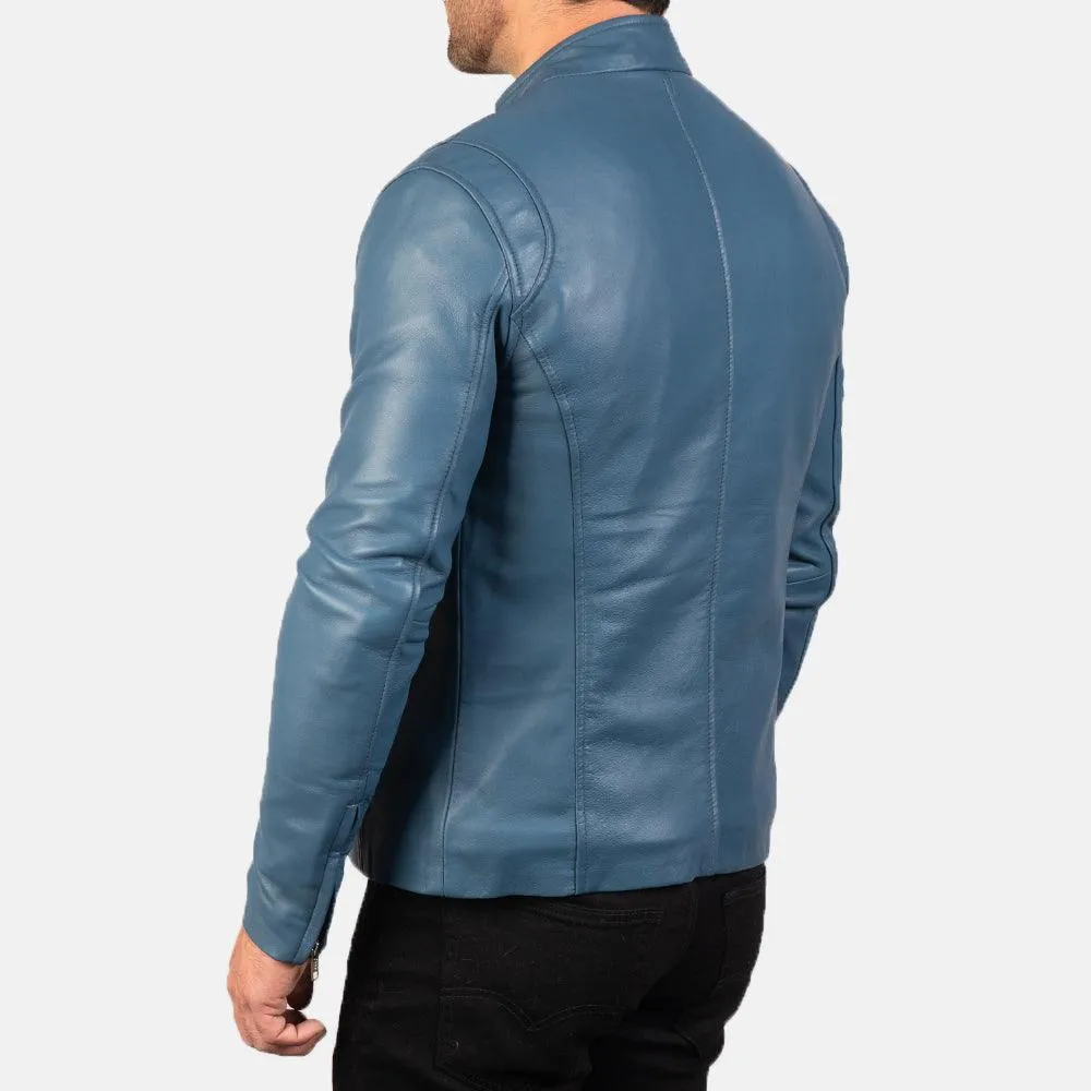 Mens Ionic Blue Leather Biker Jacket