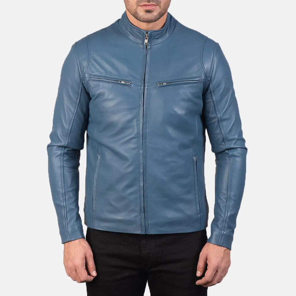 Mens Ionic Blue Leather Biker Jacket