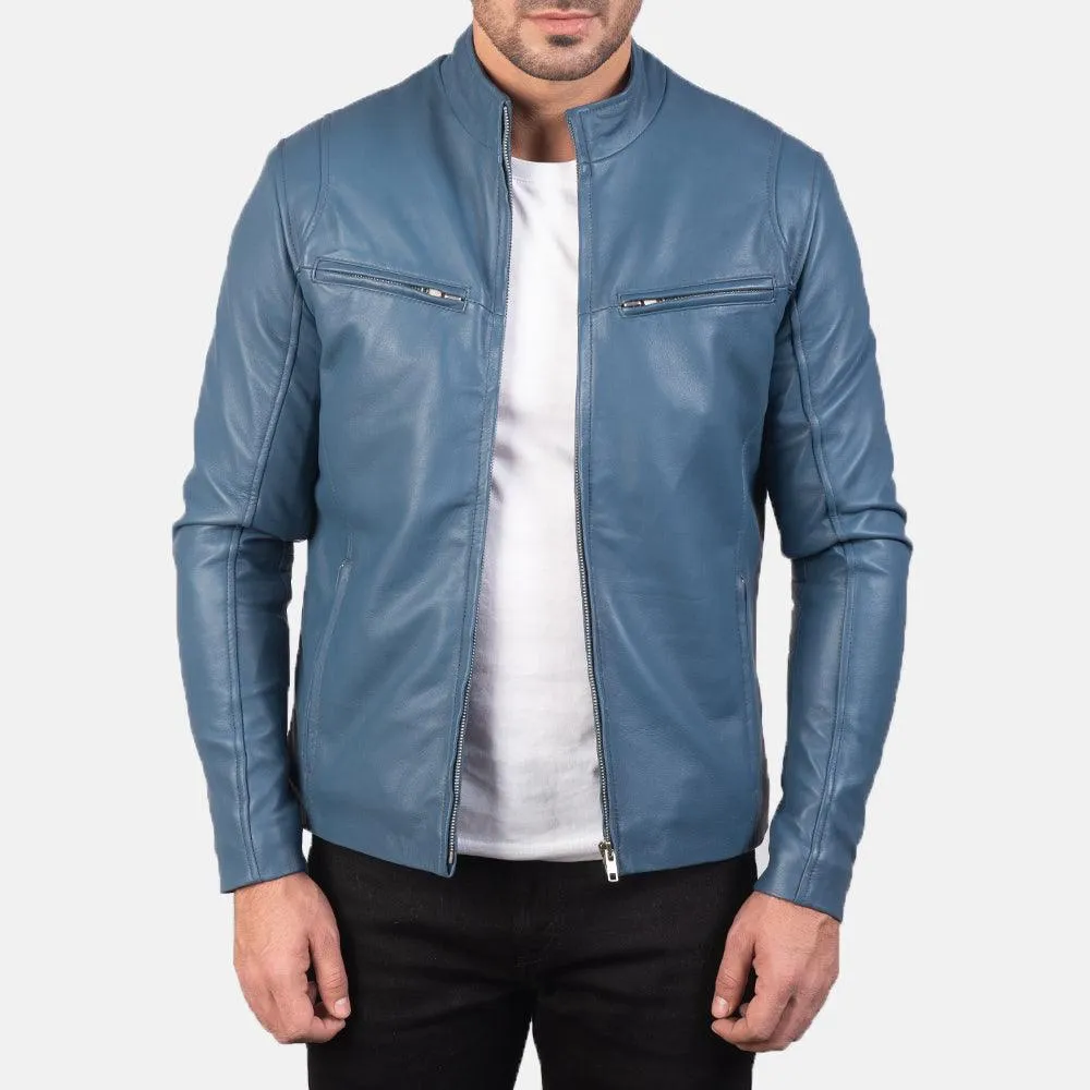 Mens Ionic Blue Leather Biker Jacket