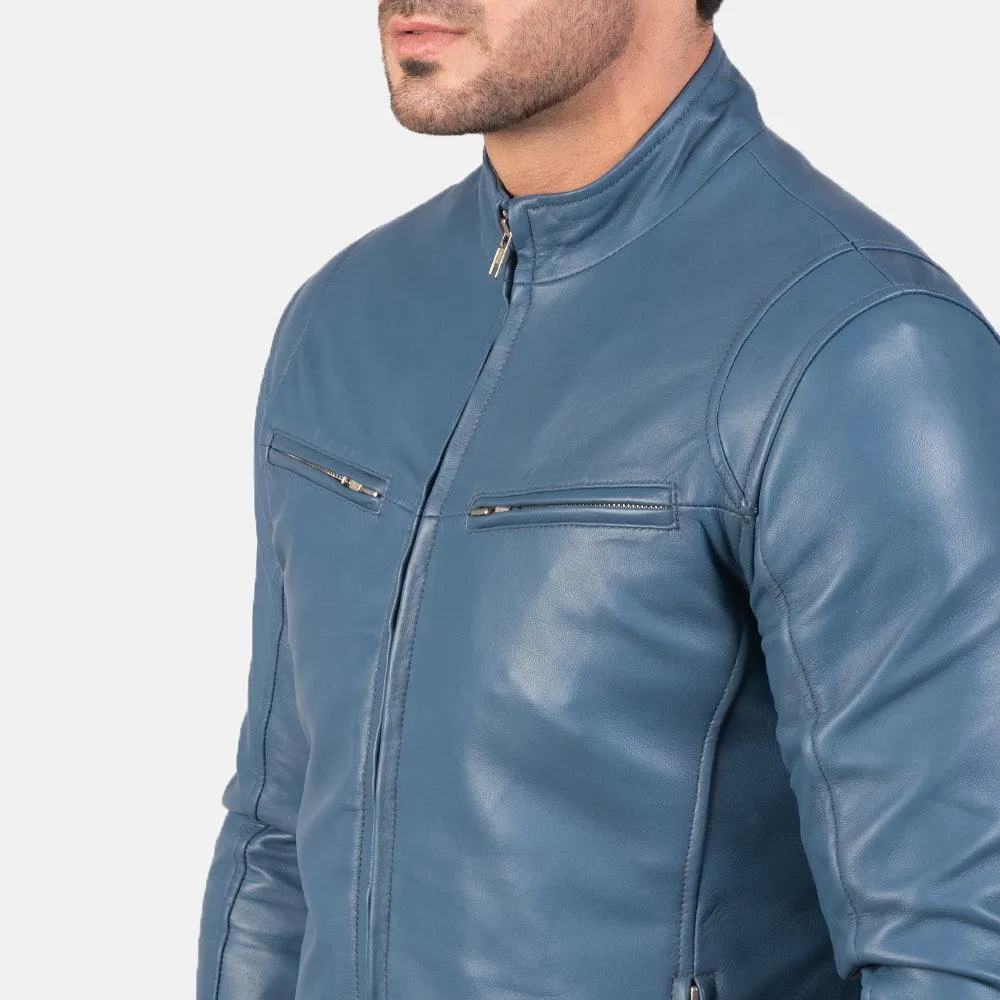 Mens Ionic Blue Leather Biker Jacket