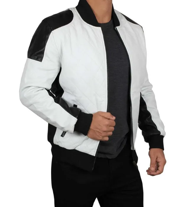 Men's White leather bomber jacket