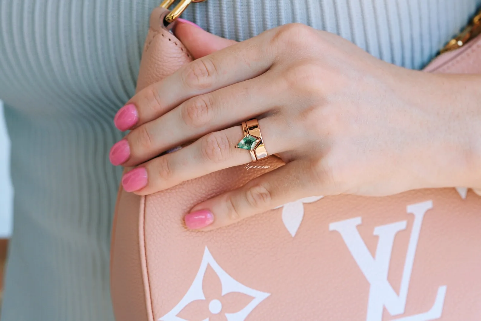 Minimalist Kite Green Moss Agate Ring- 14K Rose Gold Vermeil