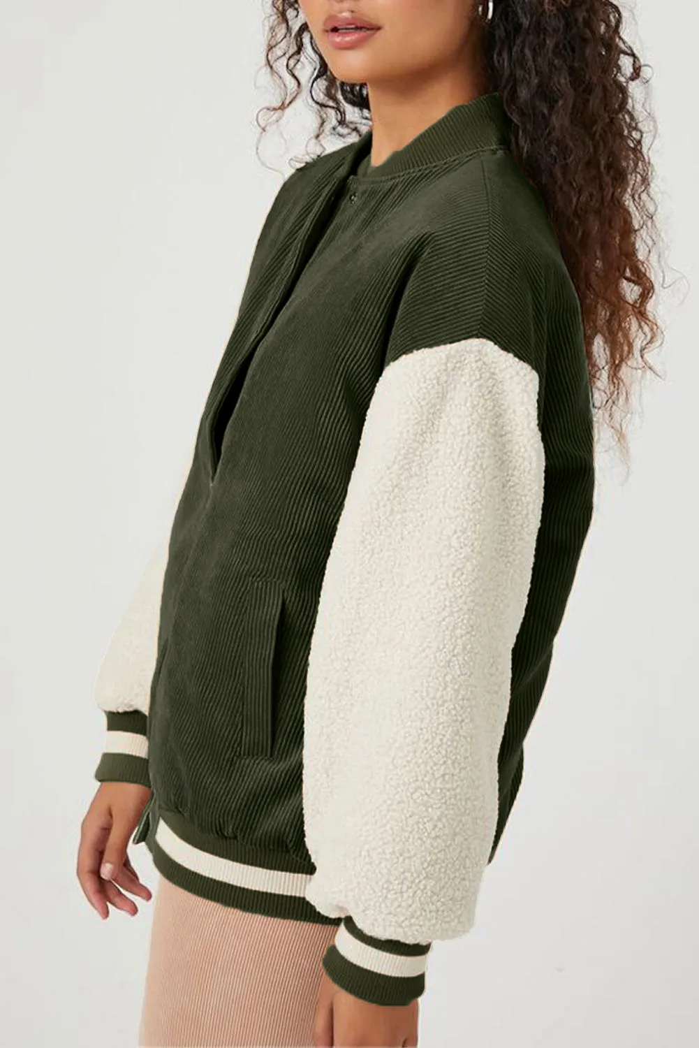 Mist Green Corduroy Fleece Patchwork Buttoned Bomber Coat