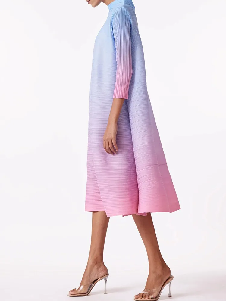 Miyake Pleated Gradient High Neck A-Line Dress