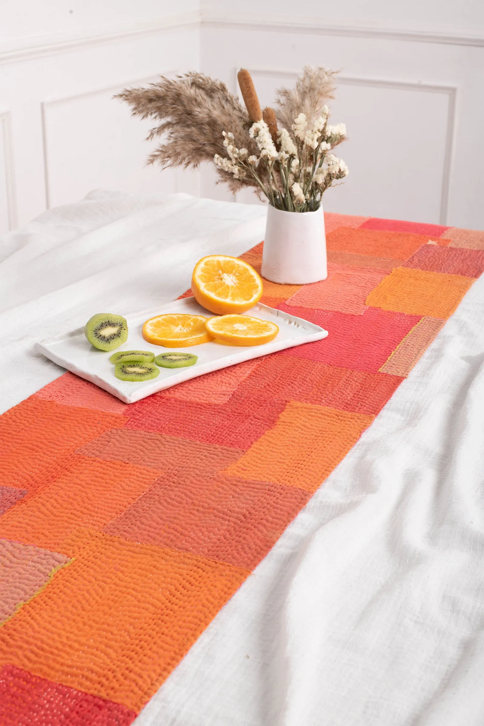 Mosaic Fray Handmade Vintage Kantha Table Runner -Carrot