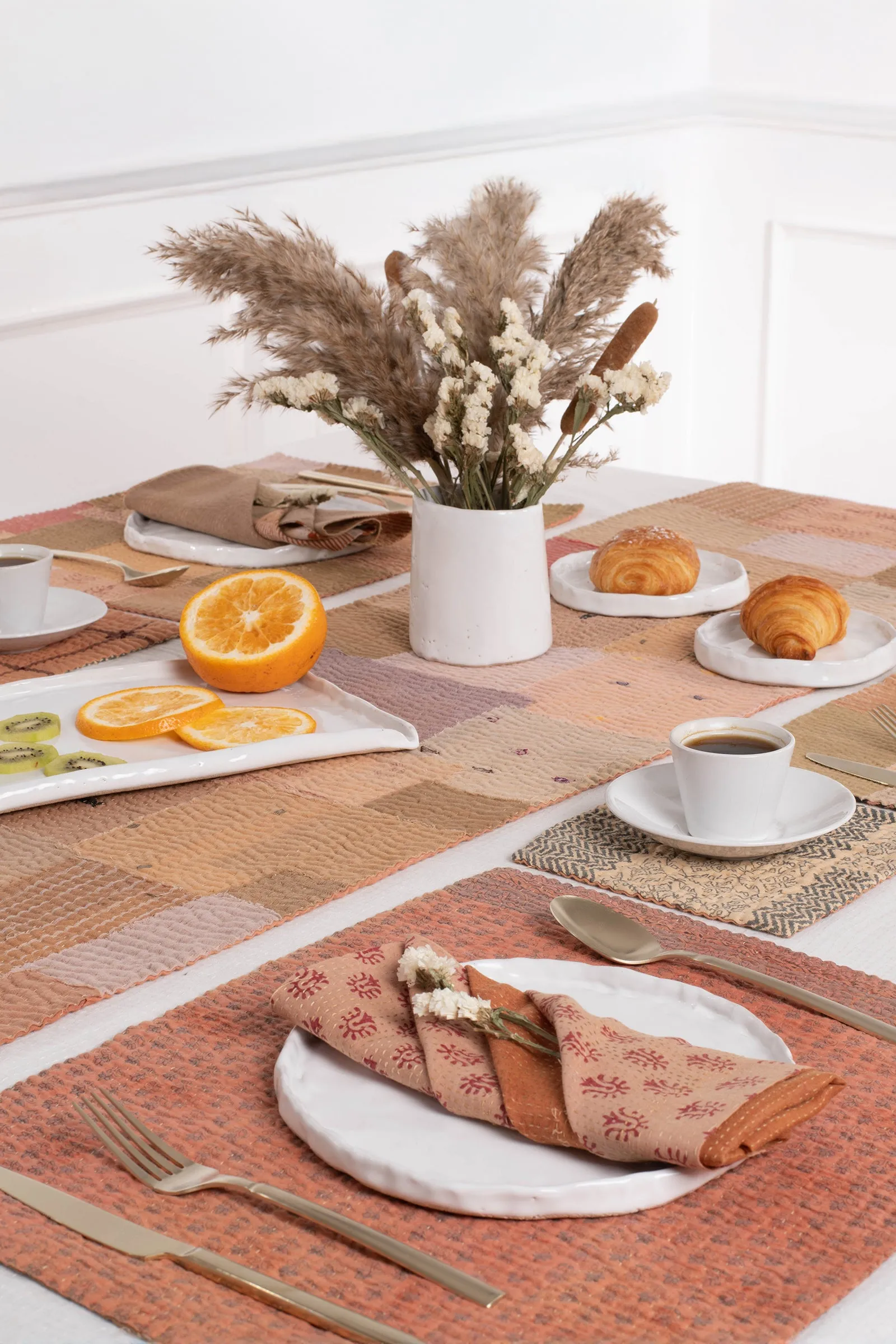 Mosaic Fray Handmade Vintage Kantha Table Runner -Mushroom