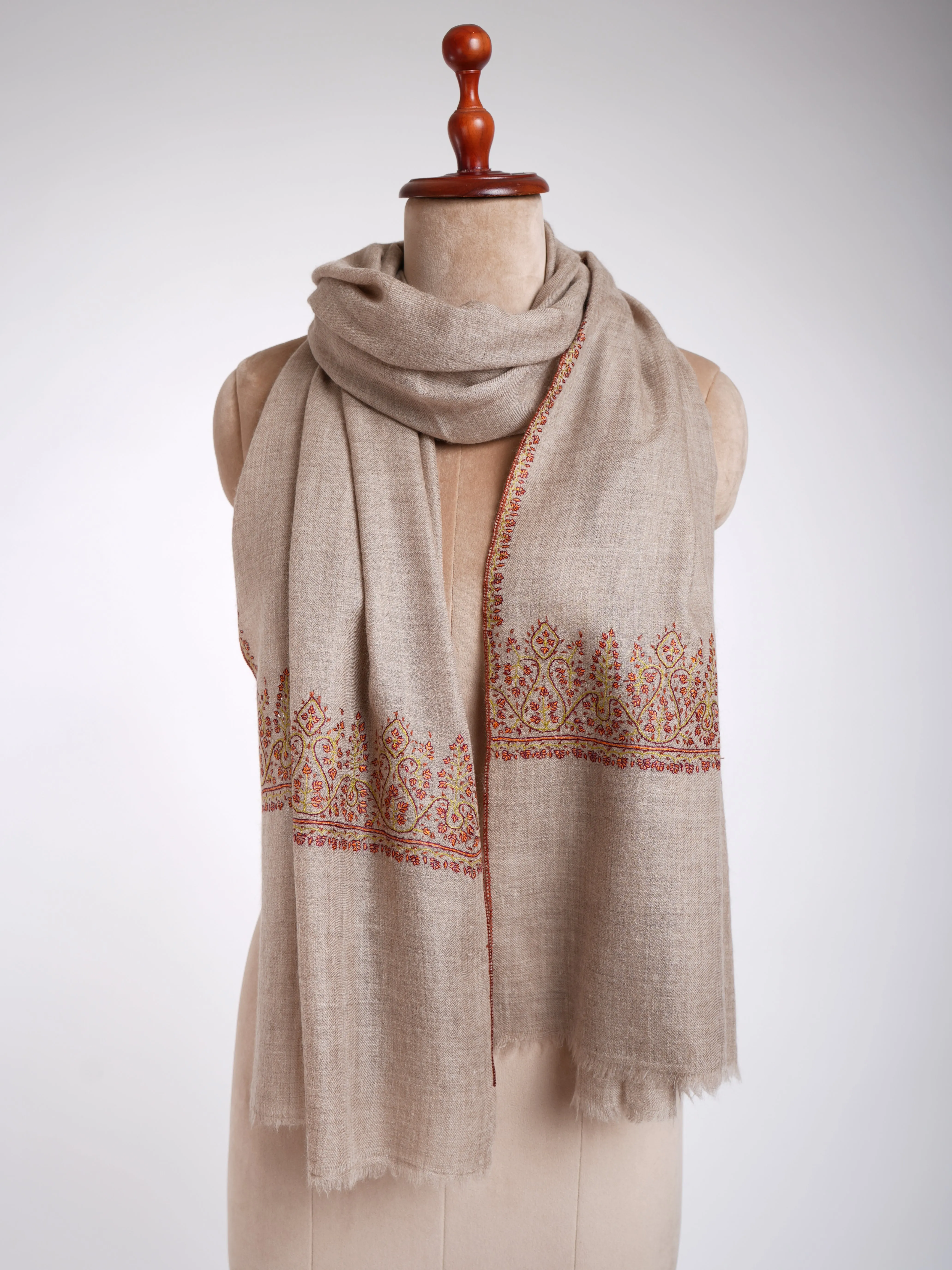 Natural Gray Hand Sozni Embroidery Featherlight Cashmere Stole