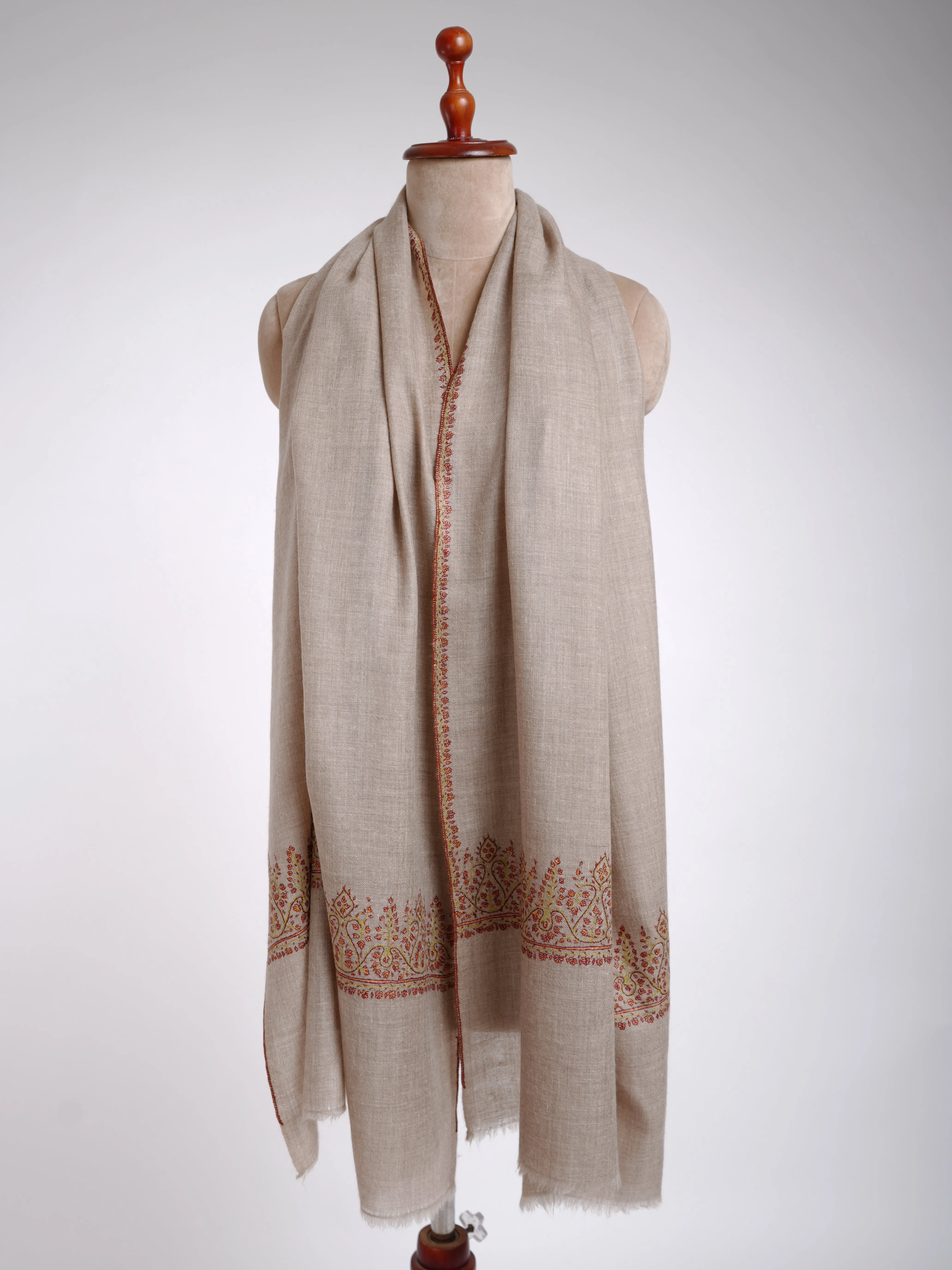 Natural Gray Hand Sozni Embroidery Featherlight Cashmere Stole