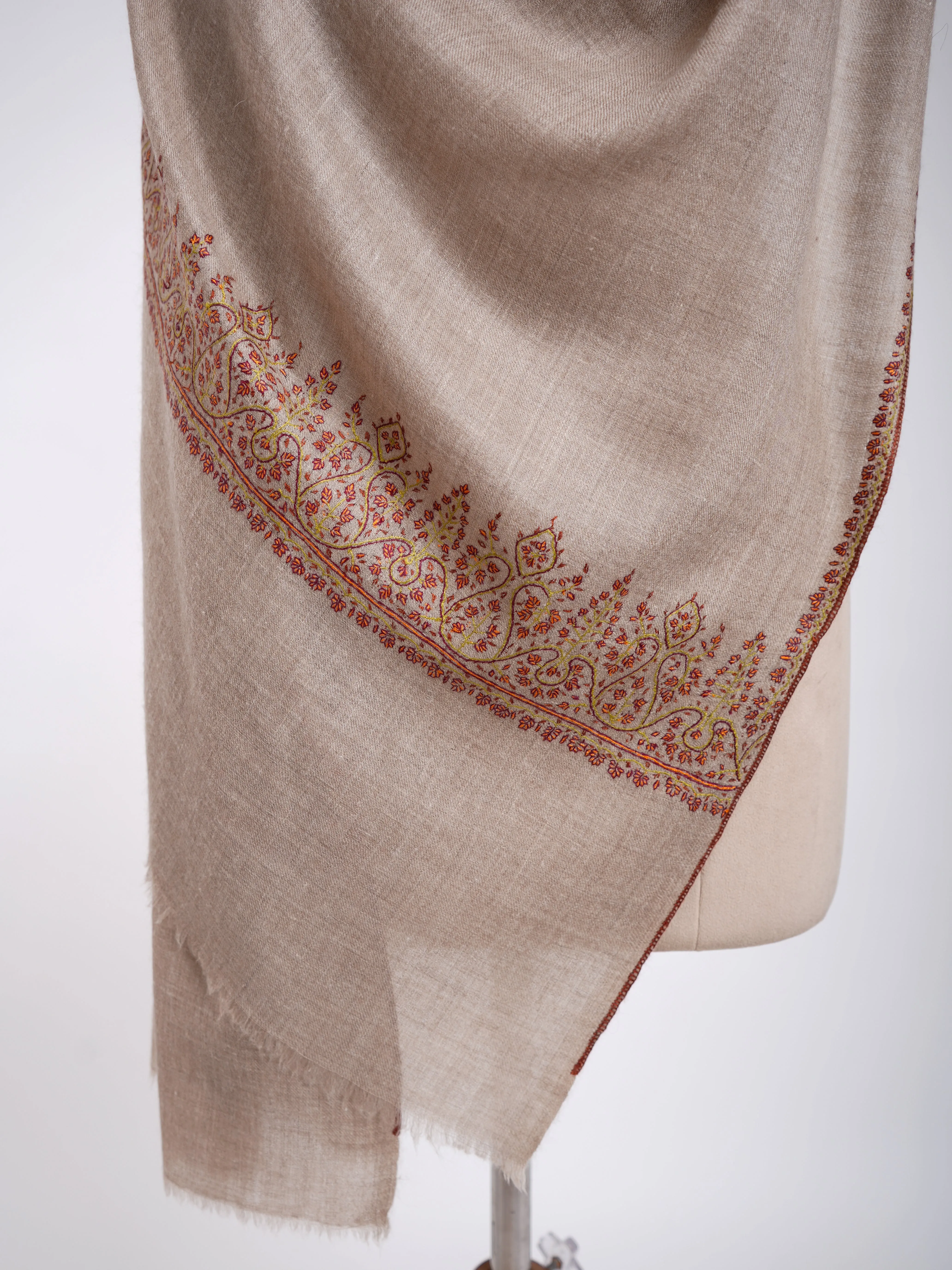 Natural Gray Hand Sozni Embroidery Featherlight Cashmere Stole