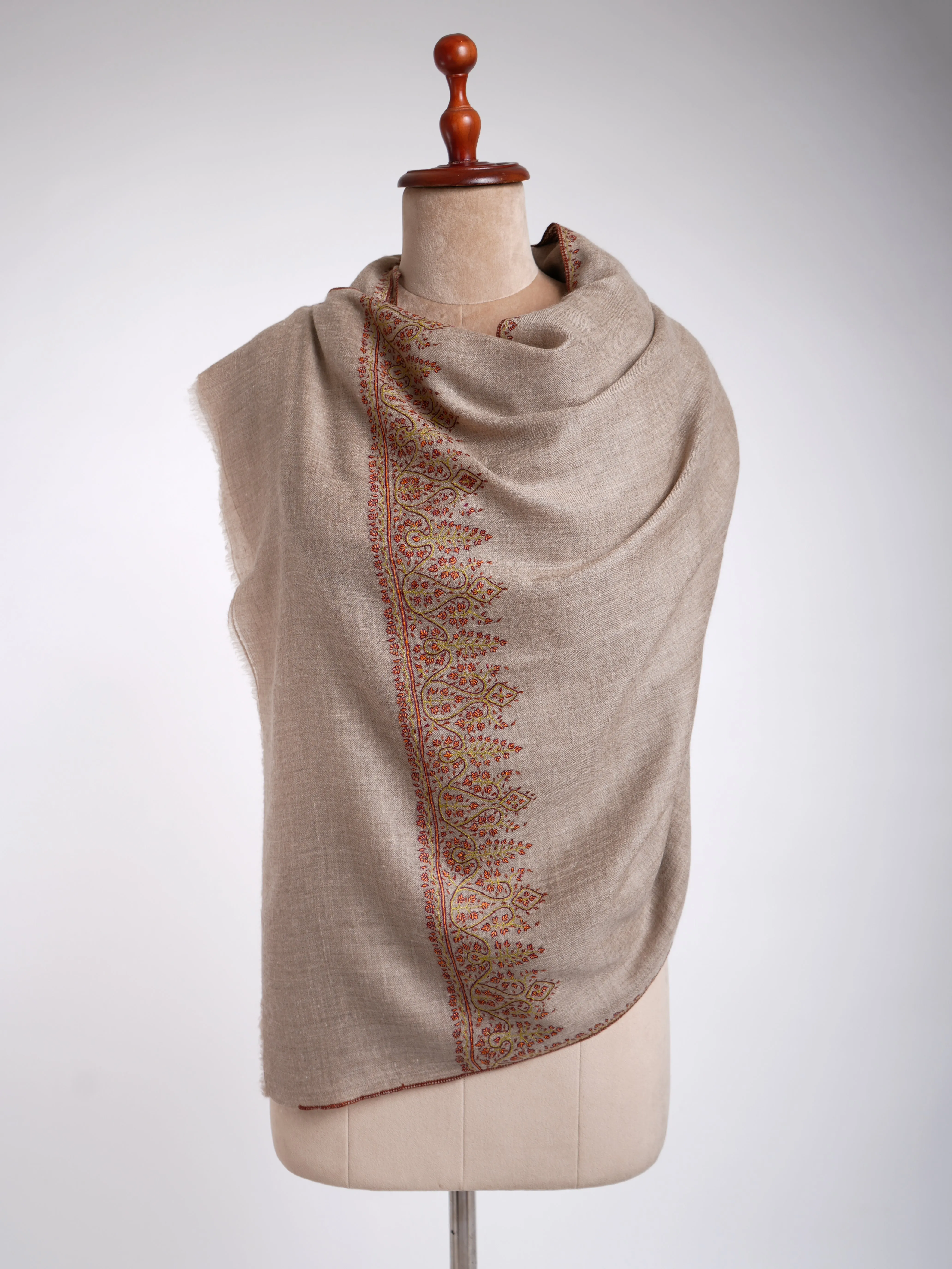 Natural Gray Hand Sozni Embroidery Featherlight Cashmere Stole