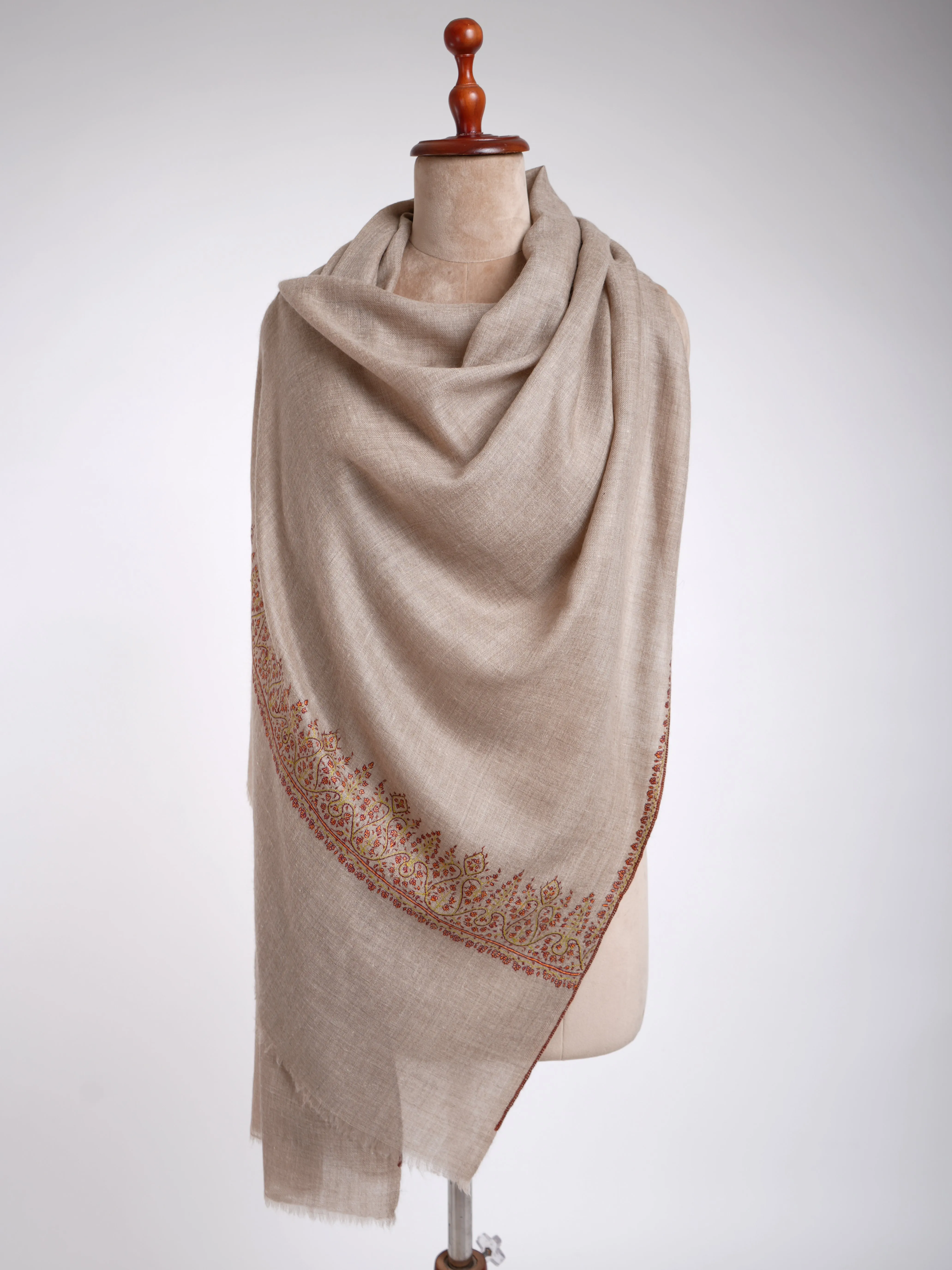 Natural Gray Hand Sozni Embroidery Featherlight Cashmere Stole