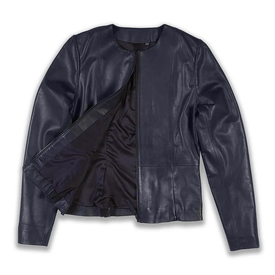 Navy Blue Collarless Leather Jacket