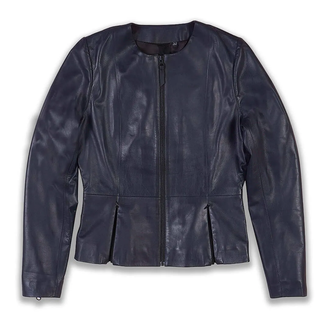 Navy Blue Collarless Leather Jacket