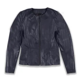 Navy Blue Collarless Leather Jacket