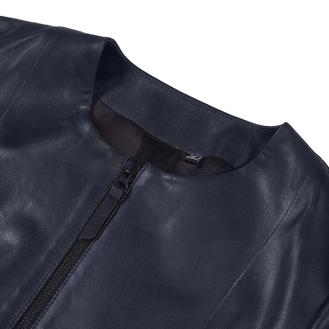 Navy Blue Collarless Leather Jacket